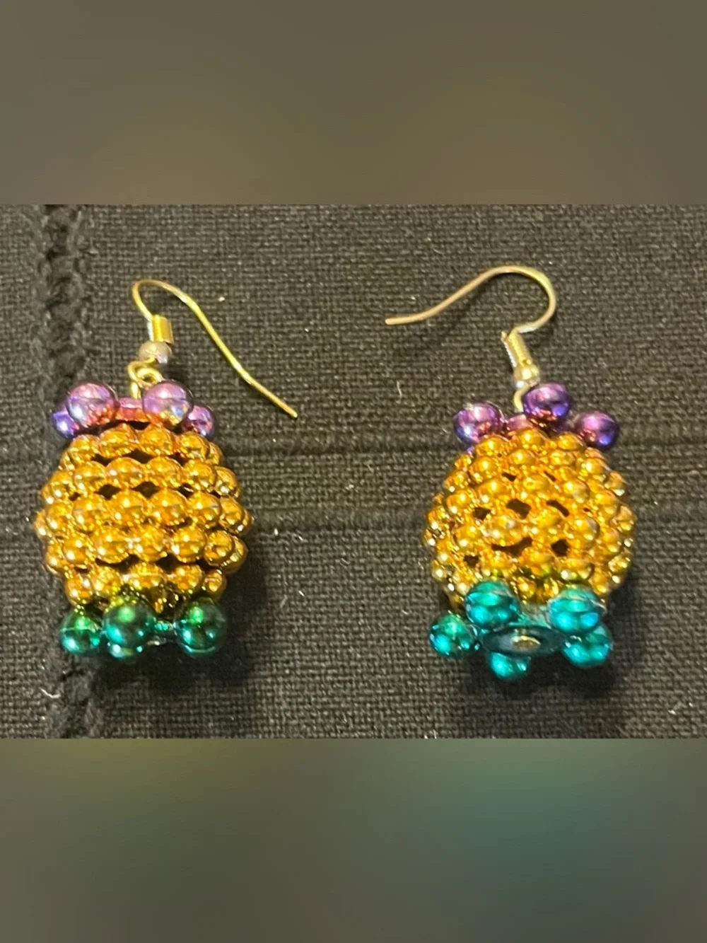 Handmade Pineapple Drop Earrings in Gold, Purple & Green Mardi Gras Beaded